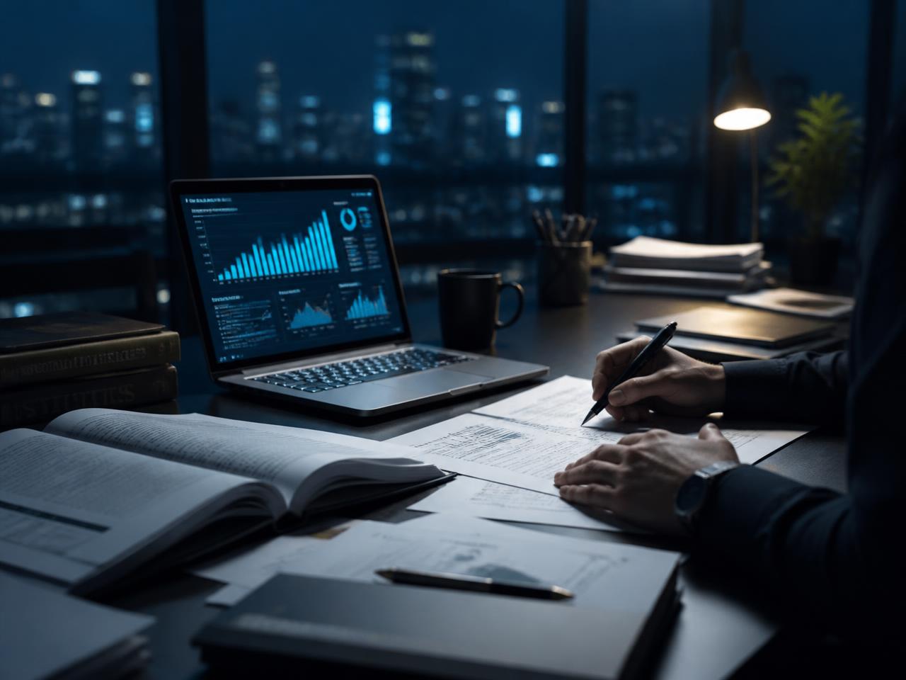 Escritorio de investigación con documentos académicos y análisis de datos en pantalla