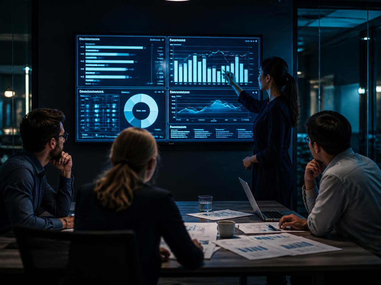 Equipo multidisciplinario analizando datos de investigación en pantalla