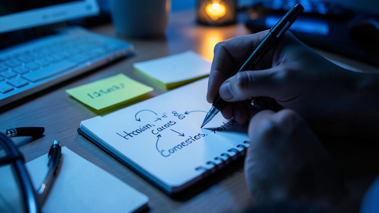 Estudiante escribiendo la hipótesis de su investigación en un cuaderno