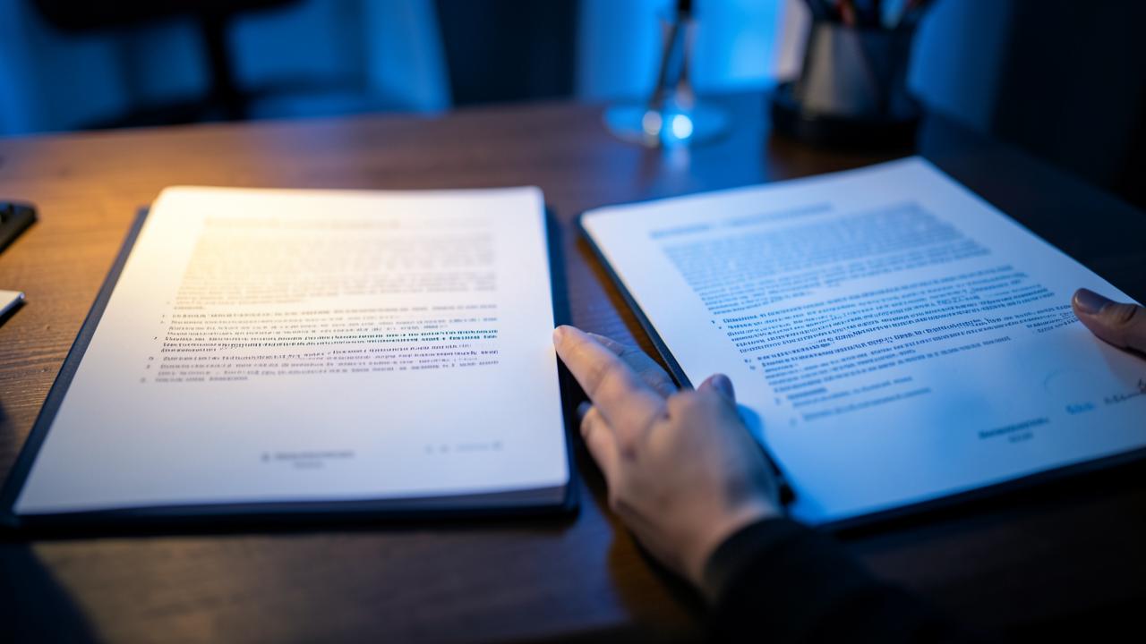Estudiante comparando dos rutas de titulación universitaria con documentos sobre la mesa